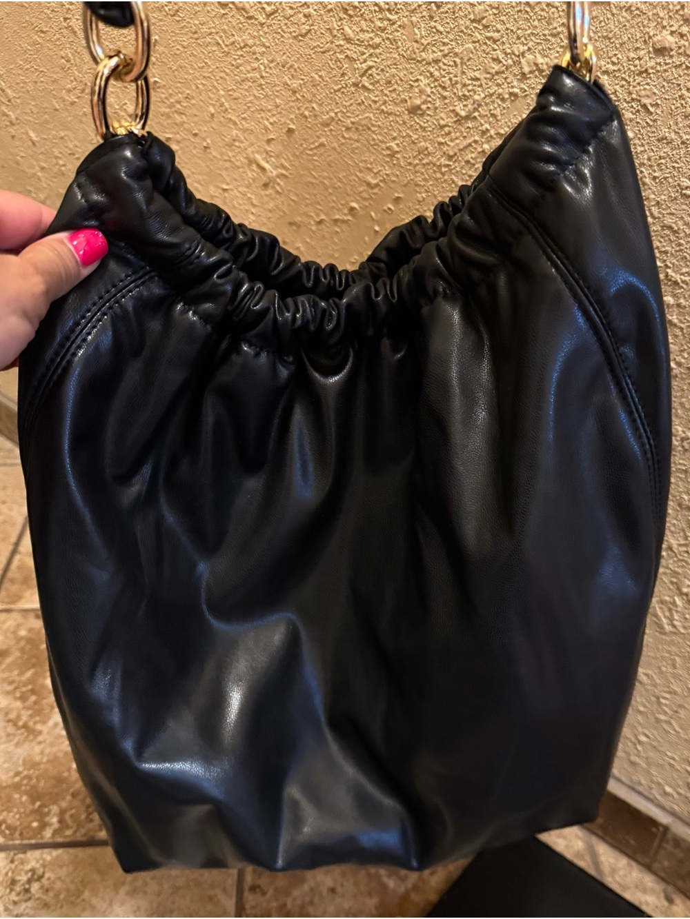 Black Soft Ruched Shoulder Bag with Gold Chain Handles brand INC